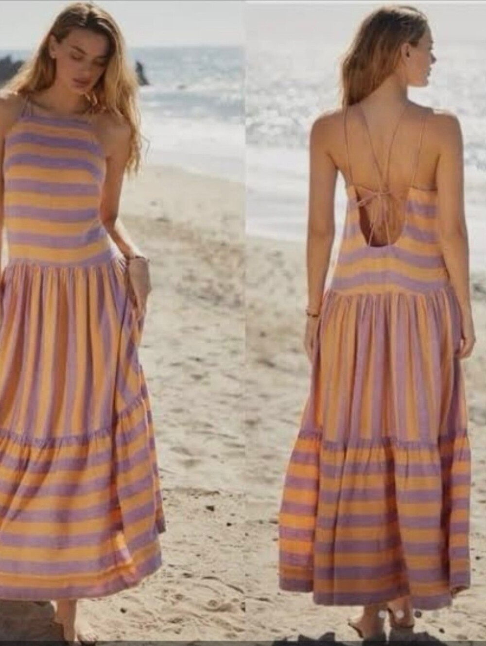 By Anthropologie Grommet Halter Stripe Linen Maxi Dress Lilac & Peach Med NWT